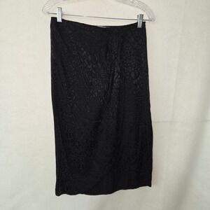 Böhme Midi Skirt Women Size M Black Leopard Jacquard Wrap Tulip Hem Satin Finish